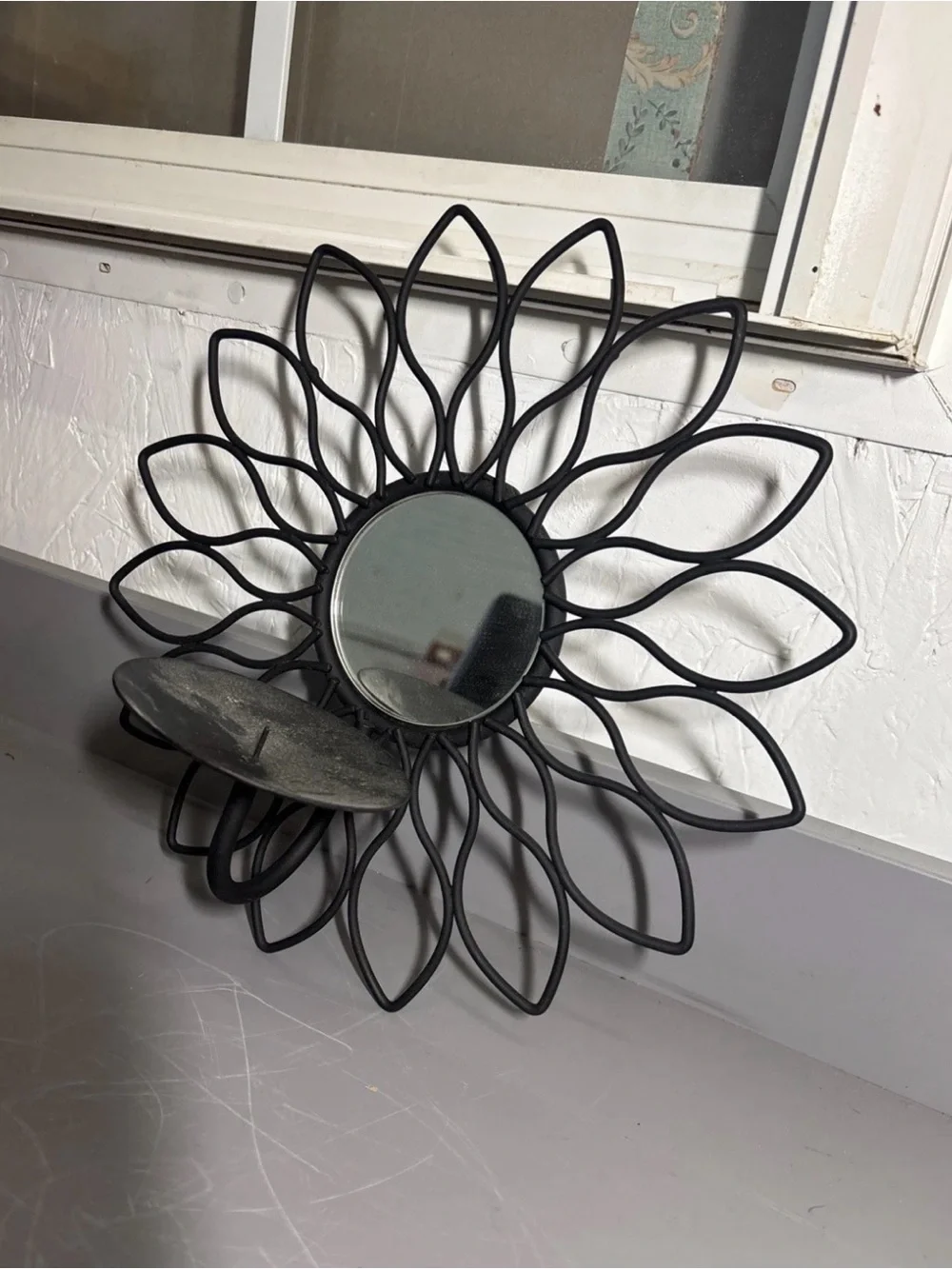 Black Sunflower Wire Wall Mirror with Candle Holder